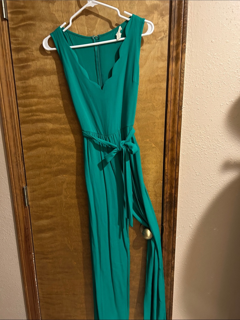 Green Scalloped V-Neck Jumpsuit with Tie Waist-Excellent Condition